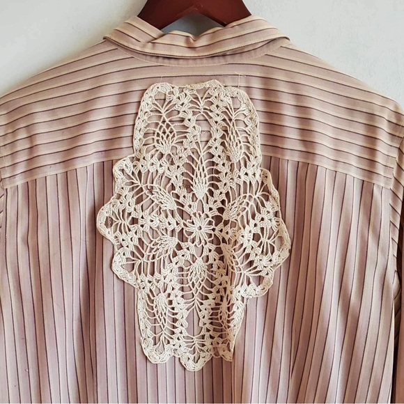 Custom Upcycled Tunic Long Sleeves Button Up Ruffle Hem Mixed Print | L/XL - Picture 5 of 6